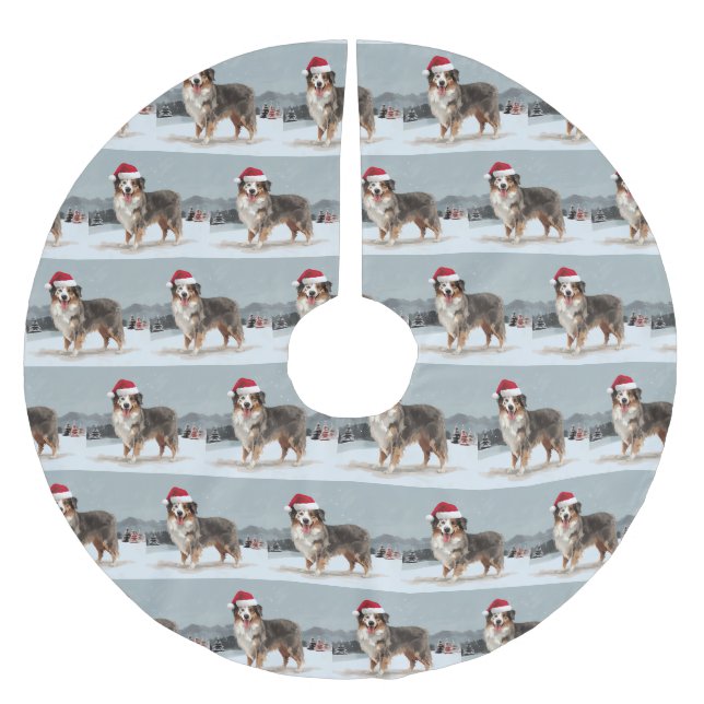 Australischer Schäferhund Hund im Schnee Weihnacht Polyester Weihnachtsbaumdecke (Vorderseite)
