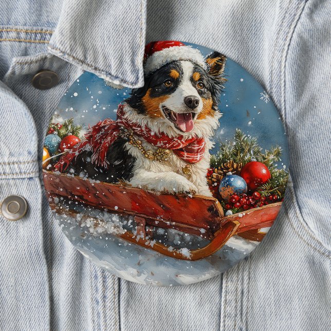 Australischer Schäferhund Hund in Sledge Chriistma Button (Beispiel)