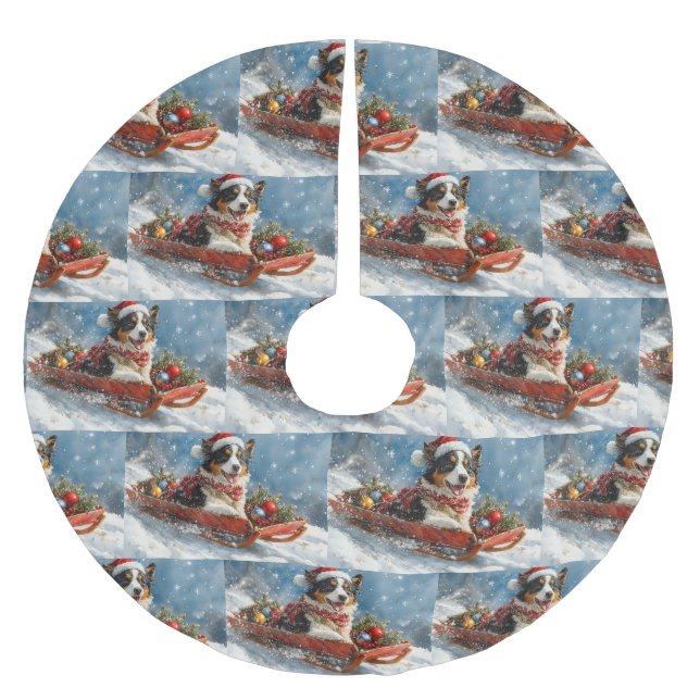 Australischer Schäferhund Hund in Sledge Chriistma Polyester Weihnachtsbaumdecke (Vorderseite)
