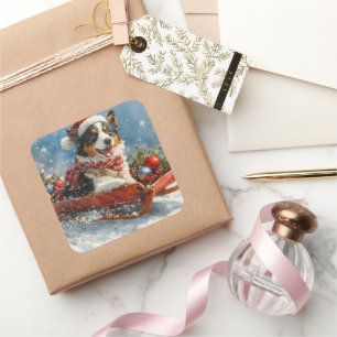 Australischer Schäferhund Hund in Sledge Chriistma Quadratischer Aufkleber