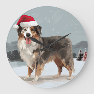 Australischer Schäferhund im Schnee Weihnachten Große Wanduhr