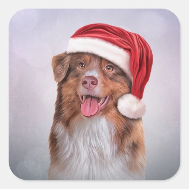 Australischer Schäferhund in rotem Hut des Weihnac Quadratischer Aufkleber (Vorderseite)