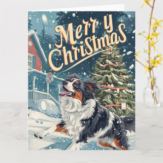 Australischer Schäferhund in Schneeweihnachtszeit Karte (Gelbe Blume)