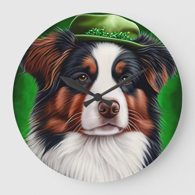Australischer Schäferhund in St. Patrick's Day Dre Große Wanduhr (Vorderseite)