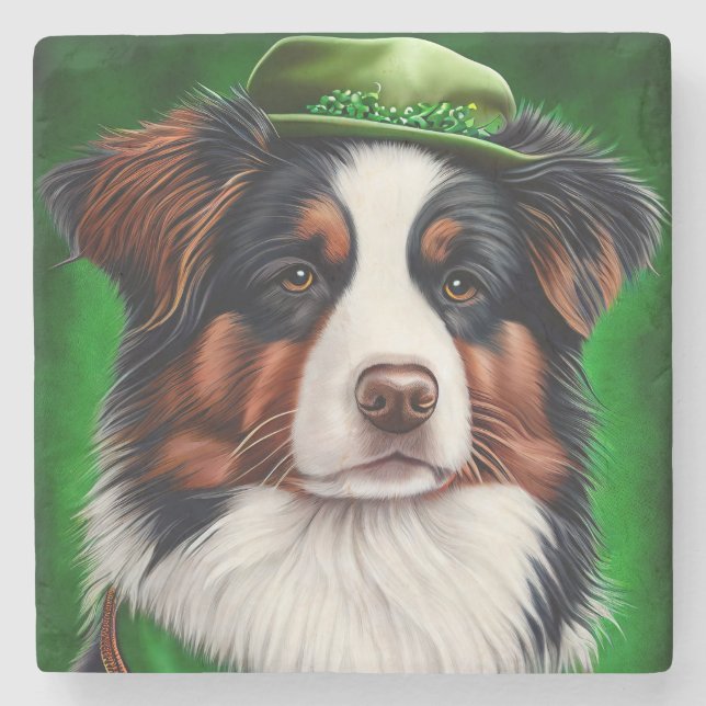 Australischer Schäferhund in St. Patrick's Day Dre Steinuntersetzer (Vorderseite)