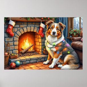 Australischer Schäferhund Kamin mit Weihnachtslich Poster