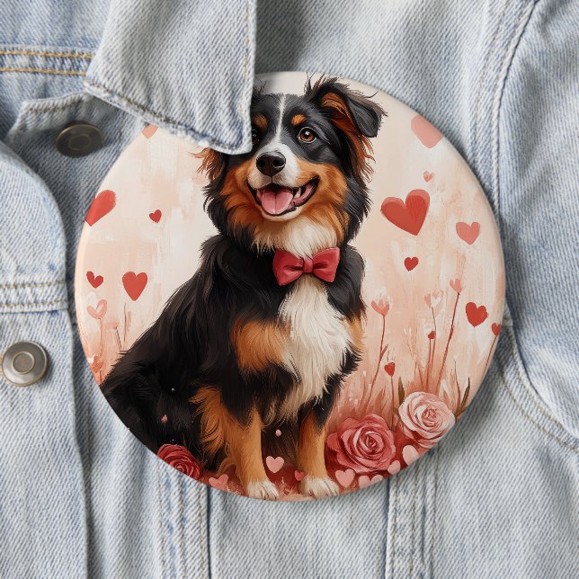 Australischer Schäferhund mit Rose - Valentinstag Button (Beispiel)