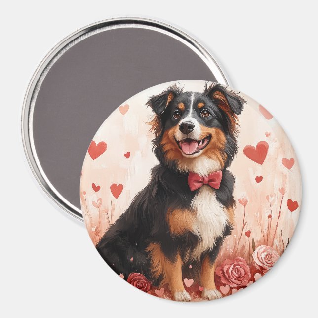 Australischer Schäferhund mit Rose - Valentinstag Magnet (Vorderseite/Rückseite)