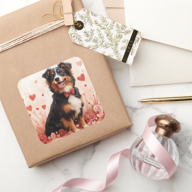 Australischer Schäferhund mit Rose - Valentinstag Quadratischer Aufkleber (Schenken)