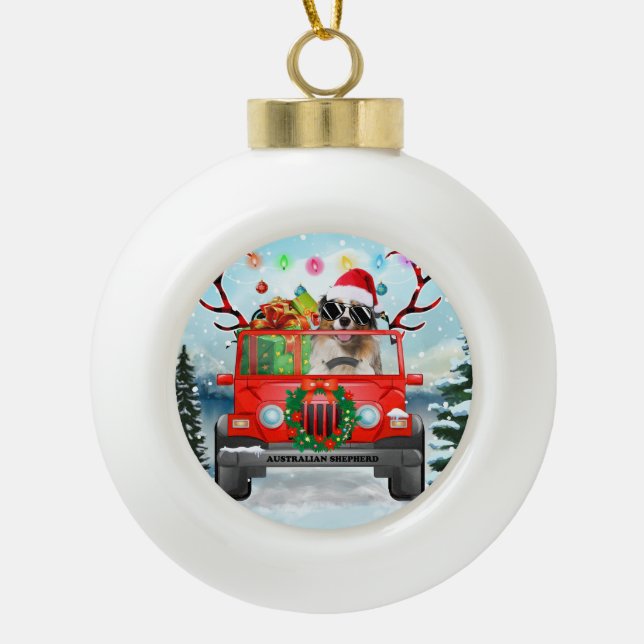 Australischer Schäferhund mit Weihnachtsgeschenken Keramik Kugel-Ornament (Vorderseite)
