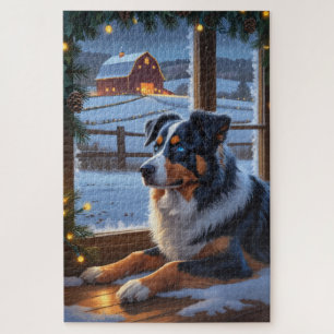 Australischer Schäferhund mit Weihnachtslichtern F Puzzle