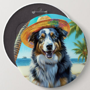 Australischer Schäferhund On Beach Liebhaber Somme Button