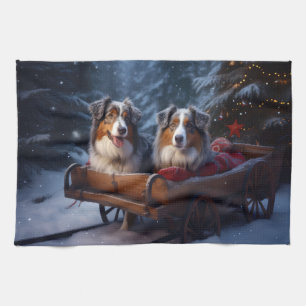 Australischer Schäferhund Schnee-Schlitten Weihnac Geschirrtuch