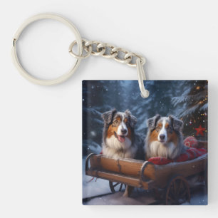 Australischer Schäferhund Schneebedeckter Schlitte Schlüsselanhänger