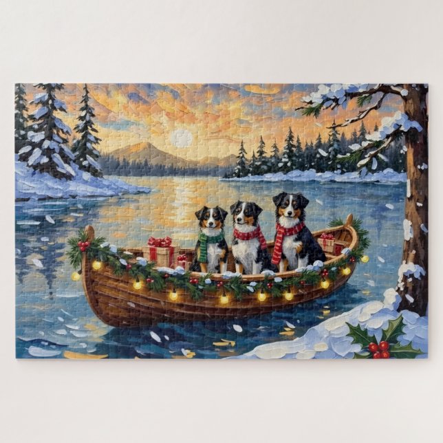 Australischer Schäferhund Weihnachtsboot Urlaub Puzzle (Horizontal)