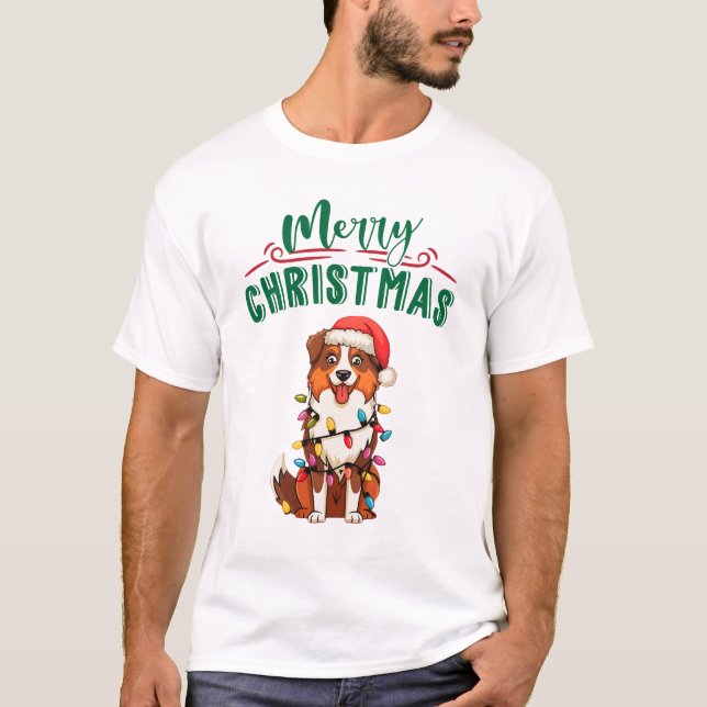 Australischer Schäferhund Weihnachtslicht Weihnach T-Shirt (Vorderseite)