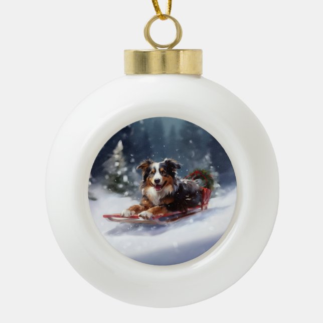 Australischer Schäferhund Weihnachtsschnee im Wint Keramik Kugel-Ornament (Vorderseite)
