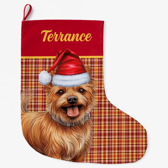 Australischer Terrier Dog Kariert mit Name Großer Weihnachtsstrumpf (Vorderseite)