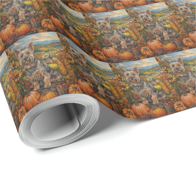 Australischer Terrier Herbsternte Erntedank Geschenkpapier (Rolleneckpunkt)