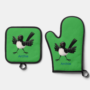 Australischer Willie Wagtail Cartoon personalisier Ofenhandschuh & Topflappen-Set