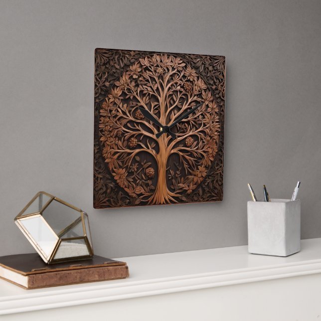 Australisches Holz: 3D Warah Tree Wood Print, Quadratische Wanduhr (Büro)