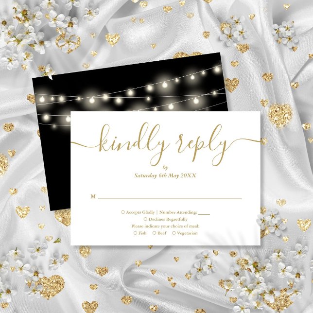 Auswahl an schwarzen und goldenen Skripten RSVP Karte (String Lights Black And Gold Script Meal Choice RSVP Card)
