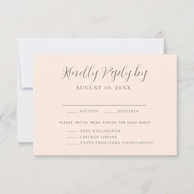 Auswahl des rosa Blush-Menüs für die Hochzeitsrada RSVP Karte (Vorderseite)