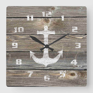 Authentisch aussehender Holz-Rustikal-Nautik-Anker Quadratische Wanduhr