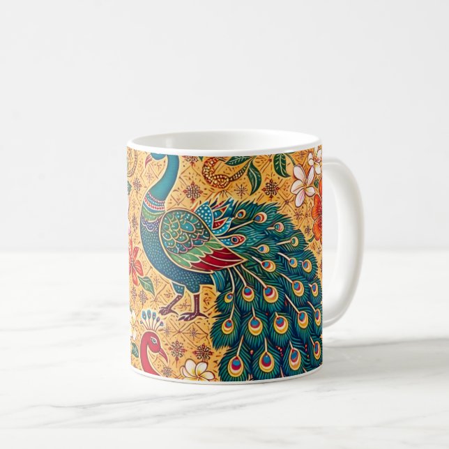 Authentische Ceylon-Pfauen-Batik - Sri Lanka Kaffeetasse (VorderseiteRechts)