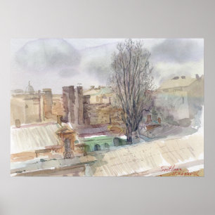 Authentische Odesa-Dächer in Aquarell-Frühlingssti Poster