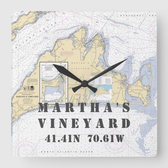Authentische Seekarte Martha's Vineyard, MA Quadratische Wanduhr (Vorderseite)