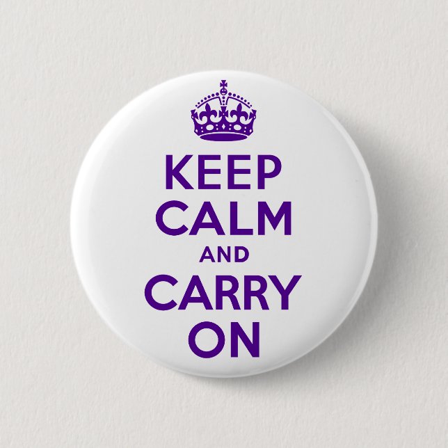 Authentisches Keep Calm And Carry On Lila Button (Vorderseite)