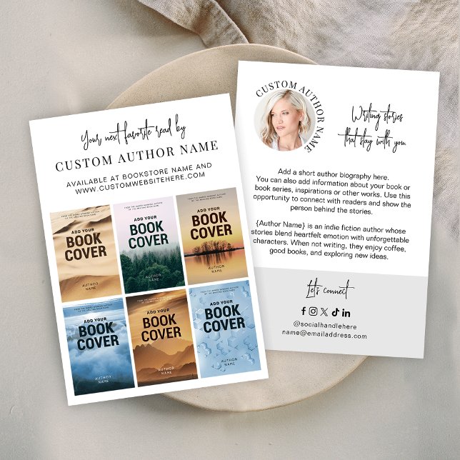Author Book Series Marketing Custom Photo Collage Visitenkarte (Minimalist author bibliography marketing business cards with 6 custom book covers and profile photo)
