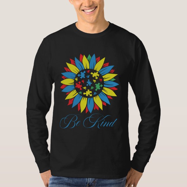 Autism Awareness Be Kind Puzzle Piece Sunflower Wo T-Shirt (Vorderseite)