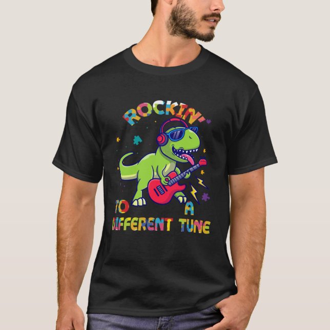 Autism Awareness Dino Rex Rockin To Different Tune T-Shirt (Vorderseite)
