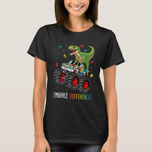 Autism Awareness Dinosaur T-rex Monster Truck Boys T-Shirt (Vorderseite)