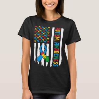 Autism Awareness Month American Flag Puzzle Piece  T-Shirt
