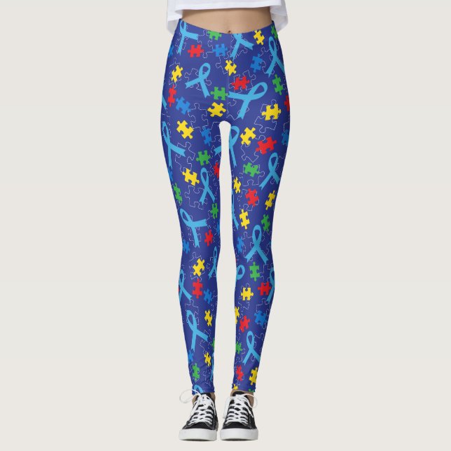 Autism Awareness Month Ribbon Puzzle Pattern Leggings (Vorderseite)