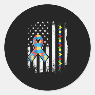 Autism Awareness Puzzle Ribbon American Flag Runder Aufkleber