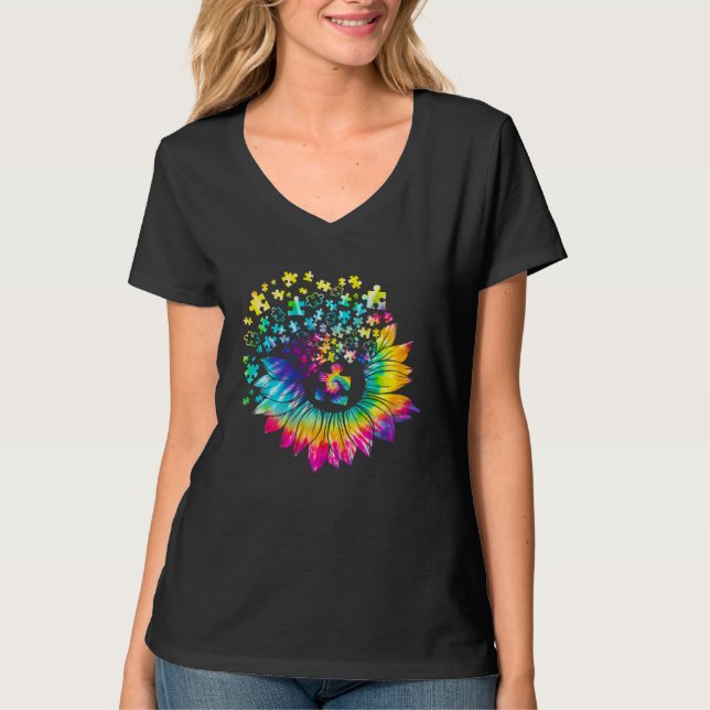 Autism Awareness  Tie Dye Sunflower Puzzle T-Shirt (Vorderseite)