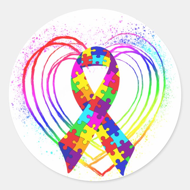 Autism Ribbon on Heart: Runder Aufkleber (Vorderseite)