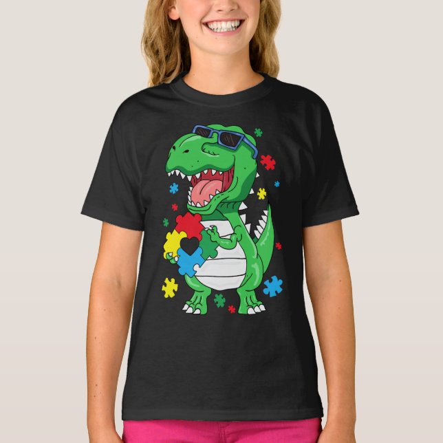 Autismus Aufmerksamkeit T Rex Dinosaurier Puzzle P T-Shirt (Vorderseite)