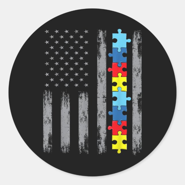 Autismus Awareness American Flag Shirt, Autistic U Runder Aufkleber (Vorderseite)