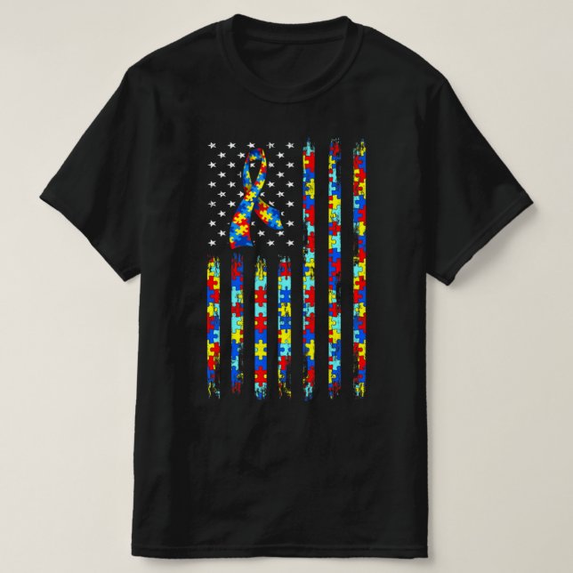 Autismus Awareness Shirt American Flag Ribbon Puzz (Design vorne)