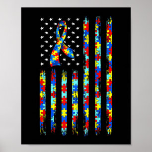 Autismus Awareness Shirt American Flag Ribbon Puzz Poster