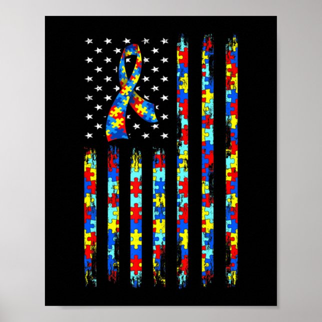 Autismus Awareness Shirt American Flag Ribbon Puzz Poster (Vorne)