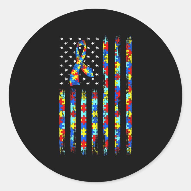 Autismus Awareness Shirt American Flag Ribbon Puzz Runder Aufkleber (Vorderseite)