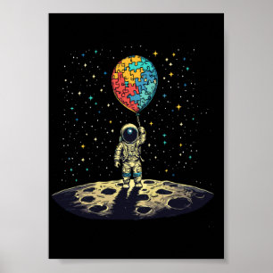 Autismus-Bewusstsein Astronaut Mit Puzzle-Ballon-S Poster