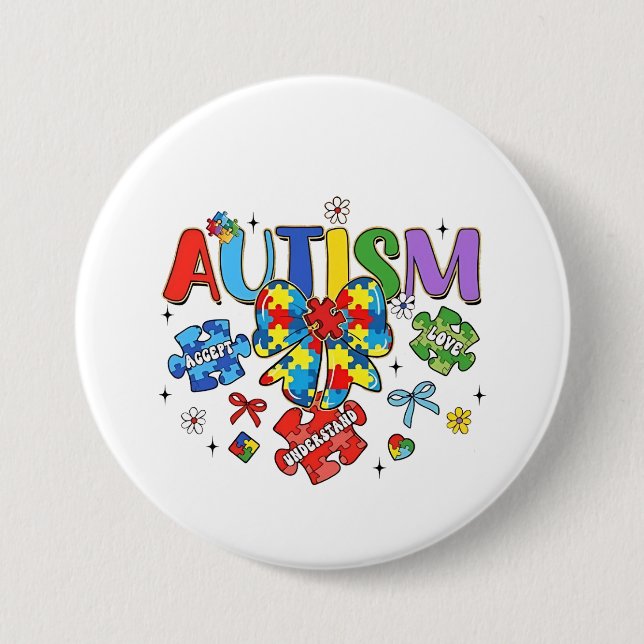 Autismus Bewusstsein Bow Coquette Puzzle Piece Neu Button (Vorderseite)