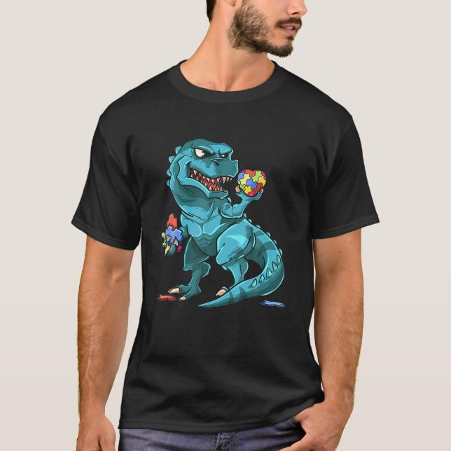 Autismus Bewusstsein Dinosaurier - Rex Herz Puzzle T-Shirt (Vorderseite)